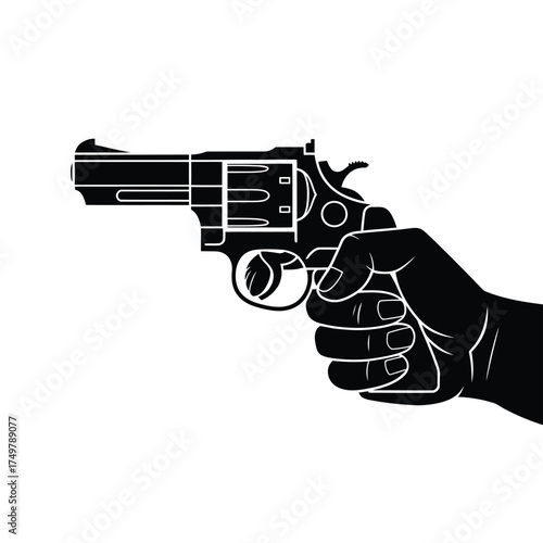 Silhouette of a hand holding a revolver pistol in a white background
