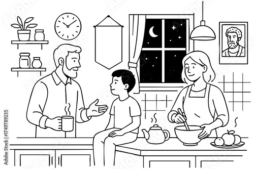 Man, a boy and a woman are sitting at a table in a kitchen. The man is holding a cup of coffee and the boy is holding a cup of tea. The woman is preparing food