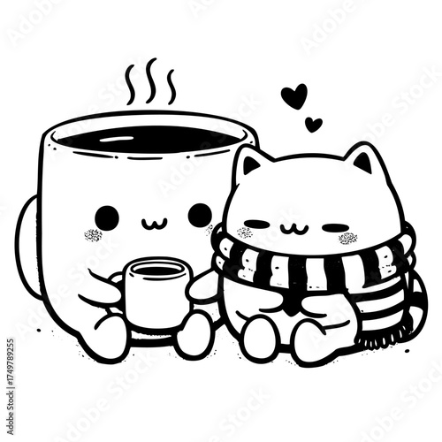 Cute cat and a cup of coffee are sitting together. The cat is wearing a scarf and the cup is filled with coffee