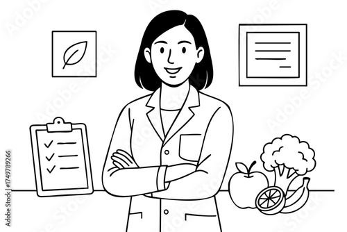 Woman in a white lab coat stands in front of a table with a clipboard and a bowl of fruit
