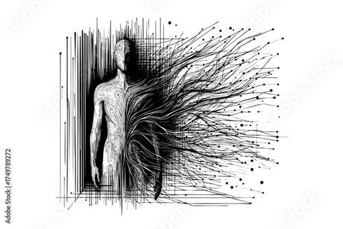 Man's body is split in half, with one half missing. The image is black and white and has a sense of chaos and destruction