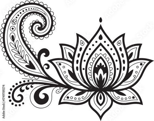 Paisley Lotus Flower Ornament Featuring Botanical and Intricate Motifs for Artistic Creations on a Clear Background For designers 130 Chars