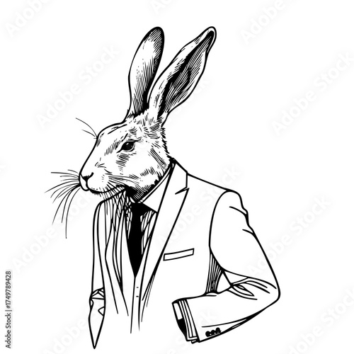 Rabbit wearing a suit and tie. The rabbit has a serious expression on his face. The image is of a man dressed in a suit and tie, with a rabbit head on his shoulder