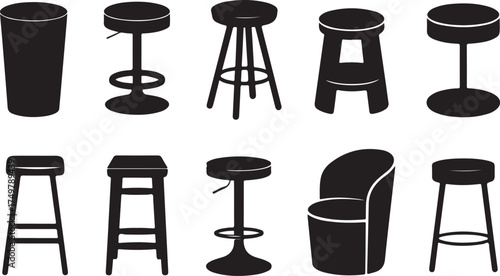 Silhouettes of Various Types of Stools Chairs and Seatings Vector Illustration for Furniture Interior or Decoration Concept on Transparency Grid