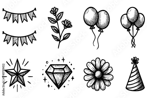Variety of hand-drawn symbols and shapes, including a star, a diamond, a flower, and balloons. Scene is celebratory and festive, with the balloons and star suggesting a sense of joy