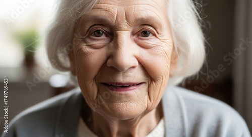 Close-up portrait of a smiling elderly woman with white hair and expressive wrinkles, conveying warmth and wisdom.