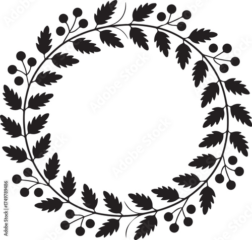 Silhouettes of Round Frame Wreath with Berries and Leaves Vector Illustration for Decoration Concept on Transparency Grid Background