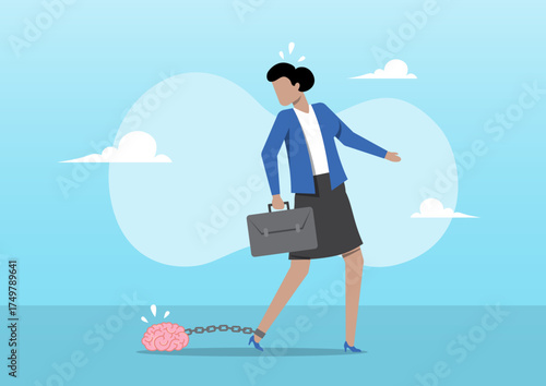 Mental Block Concept — Businesswoman Chained to Her Brain