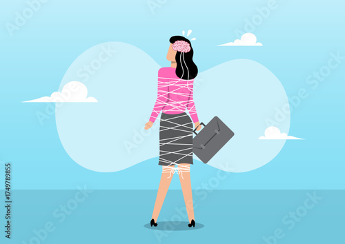 Mental Constraint Concept — Businesswoman Tied Up by Her Own Thoughts
