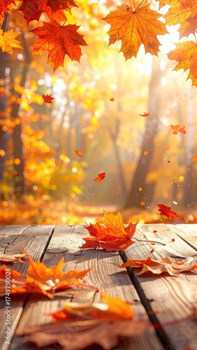 Autumn Leaves Falling on Wooden Table