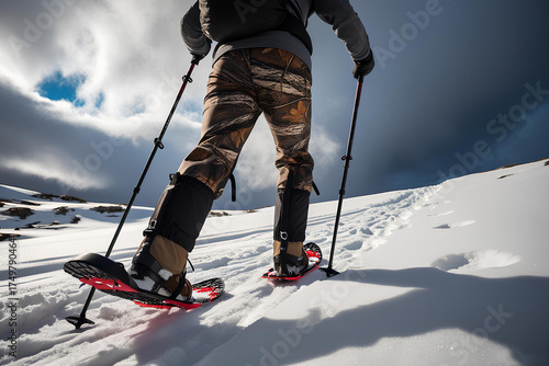 Equipment for winter hiking in the mountains. Man in snowshoes with trekking poles is the snow in the mountains