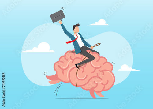 Creative Thinking Concept — Businessman Riding a Brain