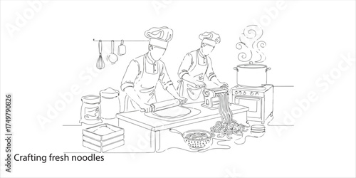 Crafting fresh noodles in a bustling kitchen setting continuous single line art drawing sketch on white background