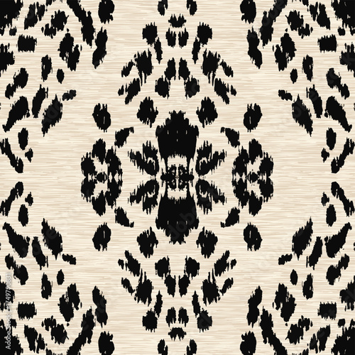 Small symmetrical strokes, their curves and lines forming an abstract animal print design in beige and black on a white background, grunge ikat pattern, stamp seamless pattern, linin texture.