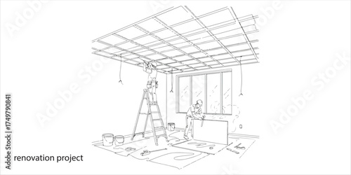 Ceiling renovation project in a modern room under construction continuous single line art drawing sketch on white background
