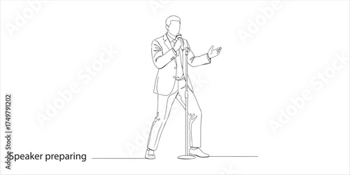 Speaker preparing to engage audience with microphone in hand continuous single line art drawing sketch on white background