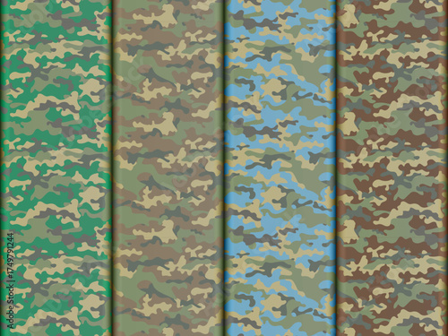 A seamless military camouflage pattern set in green, brown, and blue tones. Perfect for fabric design, backgrounds, tactical gear, and creative digital projects.
