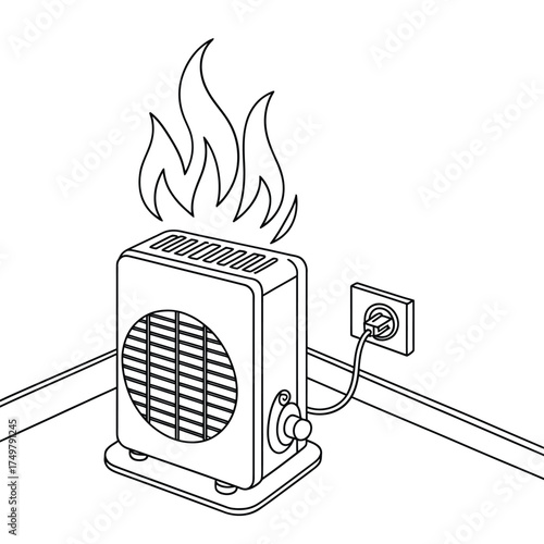 Portable electric heater on fire plugged into wall outlet