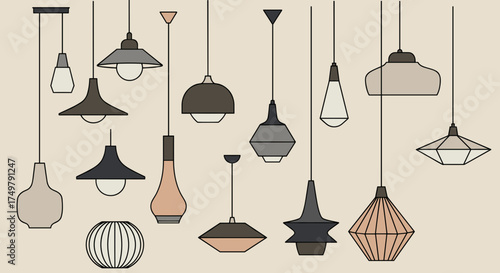 Modern pendant lights in various styles and colors on beige background  