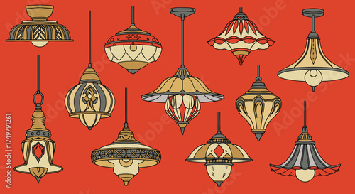 Decorative vintage lamps in various styles on red background  