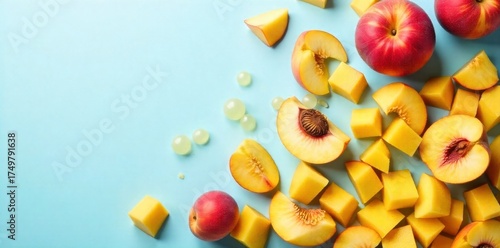 A light and airy composition of chopped summer fruits on a pastel background, emphasizing lightness. A light and airy composition featuring artfully scattered chopped summer fruits such as diced