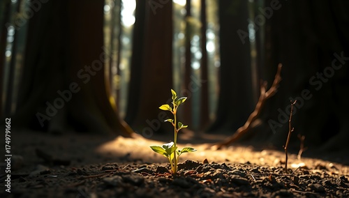 A small sprout grows in the forest, bathed in sunlight, symbolizing hope and new beginnings in nature
