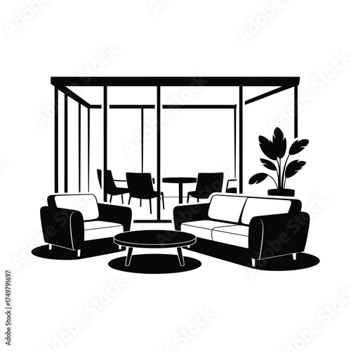 Modern office meeting room with comfortable seating and conference table