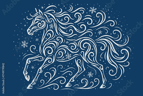Elegant white horse decorated with swirling patterns and snowflakes on a deep blue background
