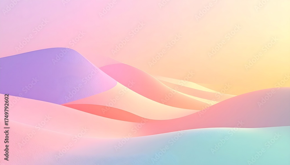 Fototapeta premium Minimalist 3D rendered landscape of abstract dunes with soft shadows, featuring a smooth pastel color gradient