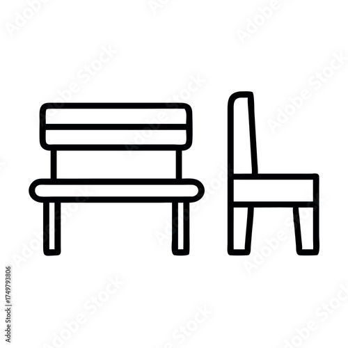 Simple outline icons of a bench and a chair in front and side views