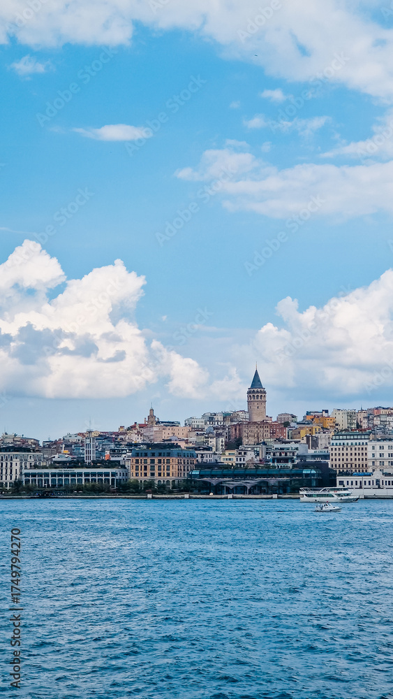 Naklejka premium Istanbul, Turkey. Scenic view of the Bosphorus Strait with city view in the background. Urban skyline and city life.