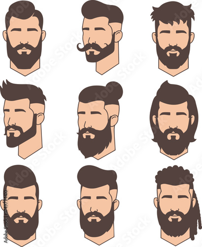 A collection of nine distinct vector illustrations featuring various male heads with diverse modern beard and hairstyle combinations.