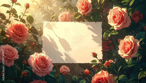 Peach Roses Surround Blank Card in Sunlight