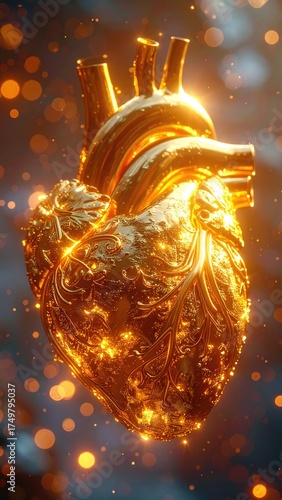 Golden Human Heart Glowing with Light