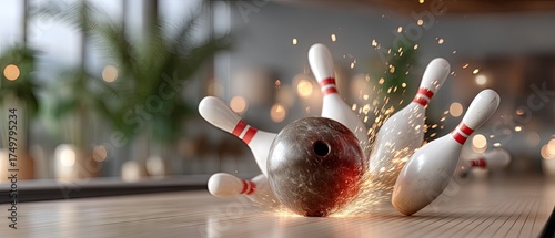 Bowling ball strikes down pins in a lively alley filled with vibrant lights and a welcoming atmosphere during an evening outing