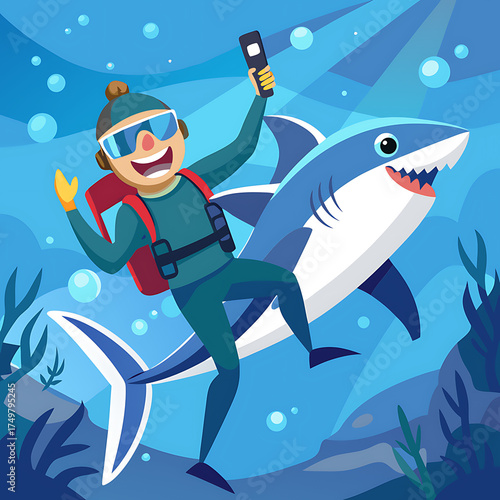Wallpaper Mural Underwater Selfie of Scuba Diver Swimming Close to Great White Shark, Ai Generated
 Torontodigital.ca