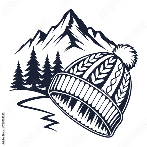 Winter hat with mountain landscape vector design