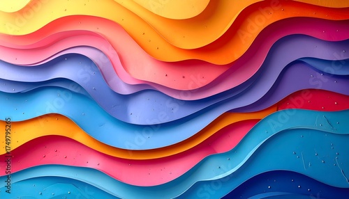 3D paper cut-out layered art background, abstract waves of bright yellow, pink, blue, and orange with strong depth and shadow