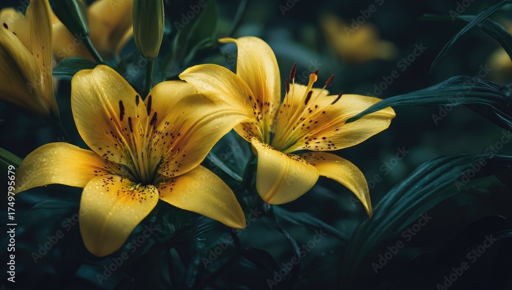 Obraz premium Two radiant yellow lilies, speckled with pollen, bloom amidst dark green foliage