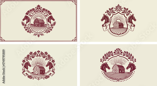 Four vintage farm logos featuring horses wheat and barns in a rustic style