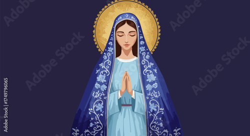 Virgin mary praying with hands clasped in peaceful reverence and divine light aura