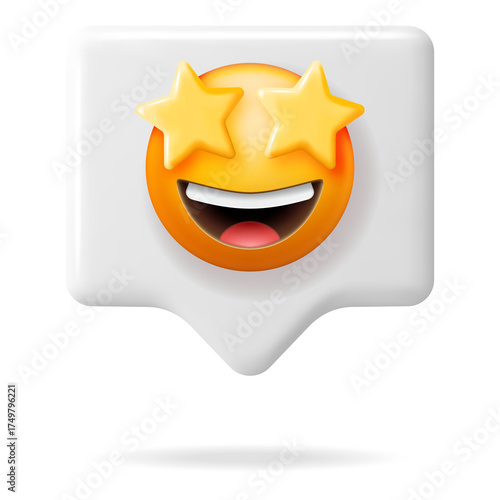 Excited 3D emoji face with star eyes inside a white speech bubble against a white background with subtle shadow detail