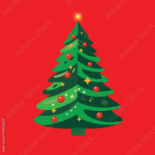 Christmas tree with glowing ornaments, featuring a gold star on top and warm lights. Vector cartoon illustration