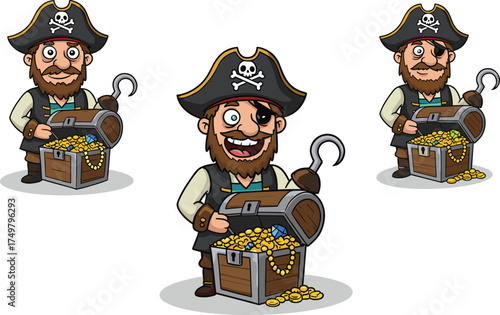 Cartoon, pirate, treasure, chest, gold, coins, jewelry, hook, beard, character, illustration, fun, colorful, adventure, playful, fantasy, costume, animation, loot, storytelling