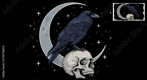 Raven perched atop a skull beneath a crescent moon amidst a starry night sky scene