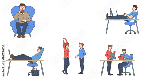 Set of vector illustrations showing office workers and freelancers during work and break times, relaxing and collaborating in modern casual poses