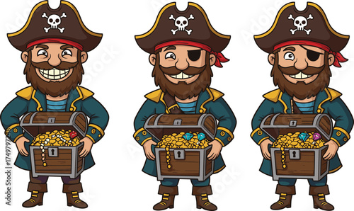 Cartoon, pirates, treasure, chest, gold, gems, character, illustration, fun, adventure, beard, costume, hat, playful, colorful, trio, eye patch, fantasy, loot, animation