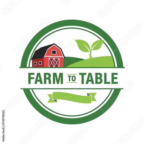 Farm to table logo badge organic produce fresh food health food sustainability agriculture barn field vector