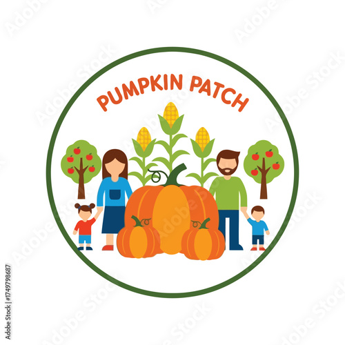 Happy family visiting autumn pumpkin patch farm for fall harvest season fun vector