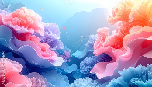 Surreal layered paper-cut style of pink coral sea fans over wavy blue background, floating organic shapes, abstract illustration